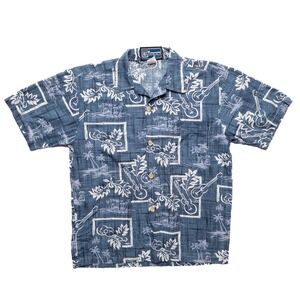 Tapa Threads Hawaiian Aloha Shirt Men's Small Blue Guitar Palm Tree Print